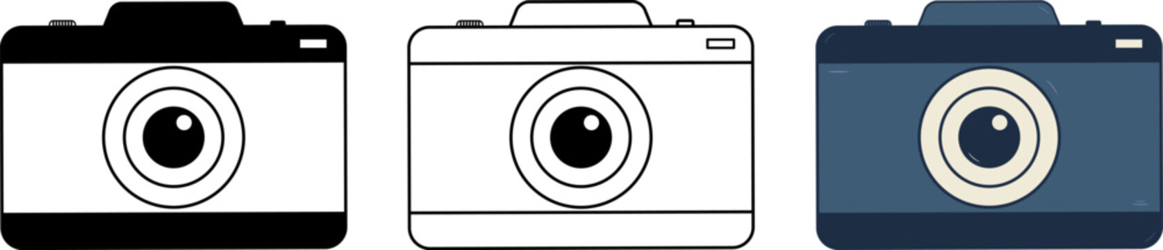 Flat icon set of photo camera styles featuring silhouette outline and colored variations for photography design
