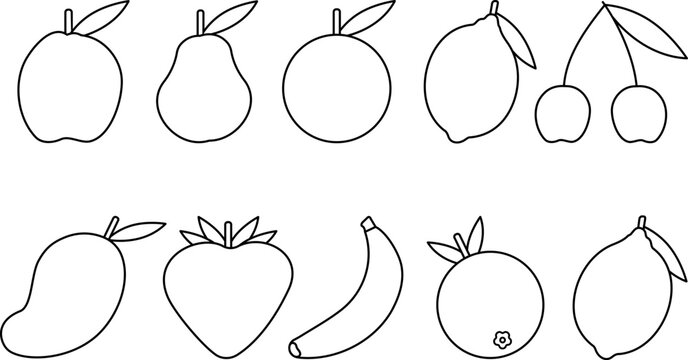 Outline icon set of fruits featuring apple, pear, orange, lemon, cherry, mango, strawberry, banana, pomegranate and lime for food design