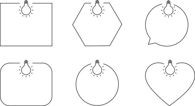 Outline icon set of lightbulb frame shapes featuring square, hexagon, speech bubble, rounded rectangle, circle and heart for idea and creativity design