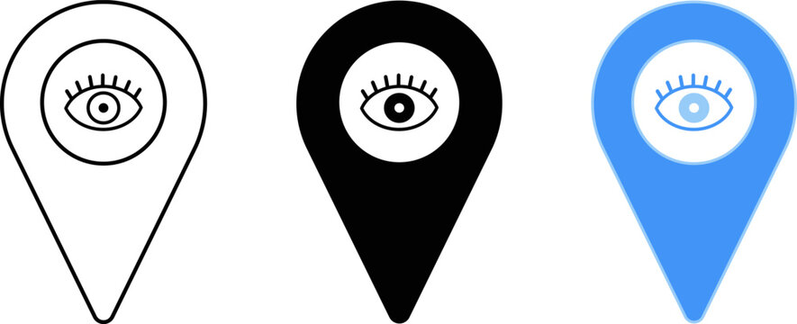Flat icon set of location pin symbols featuring eye concept in outline, black and blue styles for tracking and surveillance design