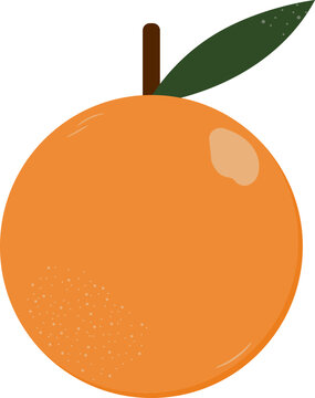 Flat illustration of a fresh orange depicting a whole citrus fruit with leaf and stem for food and nutrition design