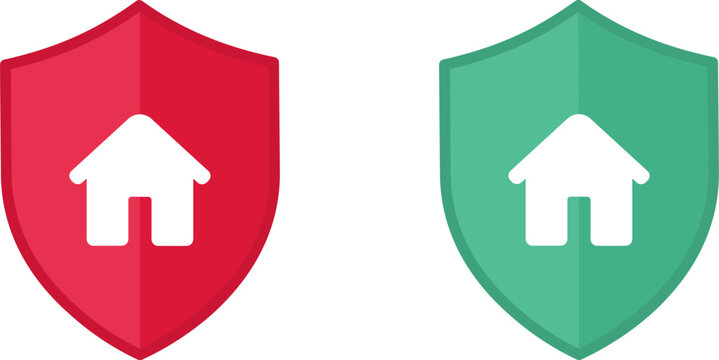 Flat icon of  home protection shields featuring red and green security emblems for insurance and real estate design
