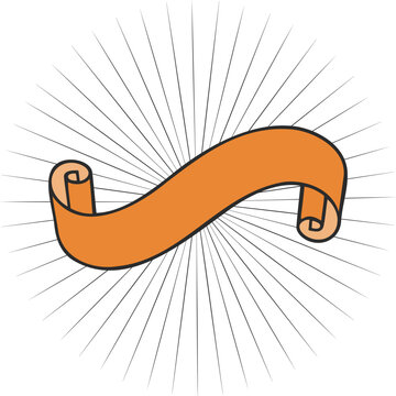 Cartoon illustration of an orange decorative ribbon banner depicting a scrolled flourish with sunburst rays for retro label design
