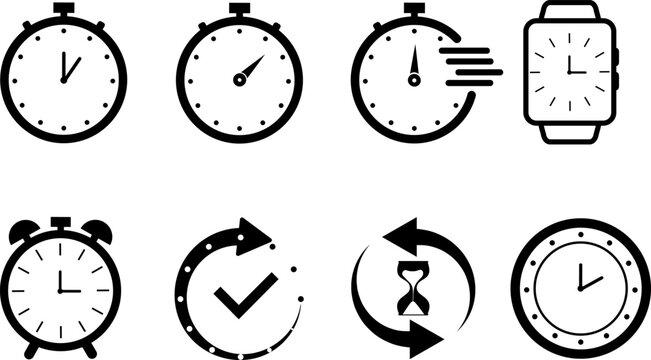 Flat icon set of time and clock symbols featuring stopwatch, alarm, smartwatch and countdown concepts for scheduling design