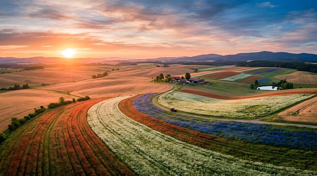 Aerial view of a beautiful rolling countryside landscape during a vibrant golden hour sunset over farm fields