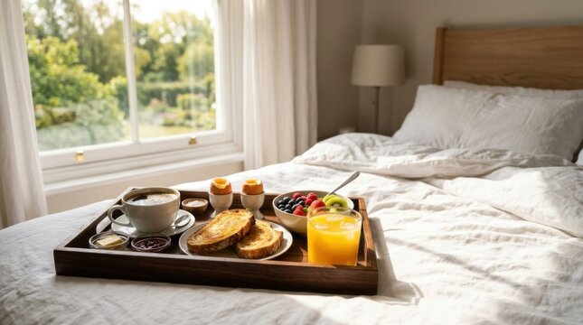 A hotel breakfast tray with coffee, toast, fruit, and juice placed on a bed