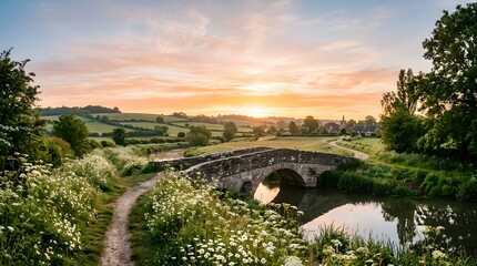 Naklejka premium A beautiful stone bridge over a calm river in the english countryside during a golden summer sunset