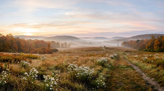A beautiful panoramic view of a misty autumn valley at sunrise with golden light over the landscape