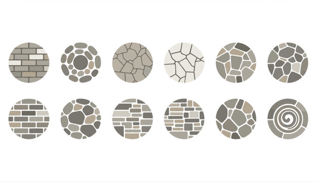 Set of twelve circular samples representing different stone masonry brickwork and concrete pavement patterns.