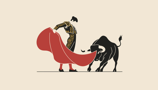 Spanish bullfighter or matador performing with red muleta cape in front of an aggressive charging black bull.