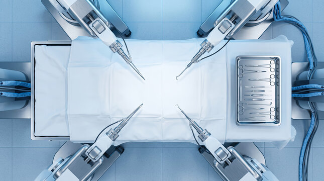 Robotic surgical arms performing precision medical operation on a sterile hospital table