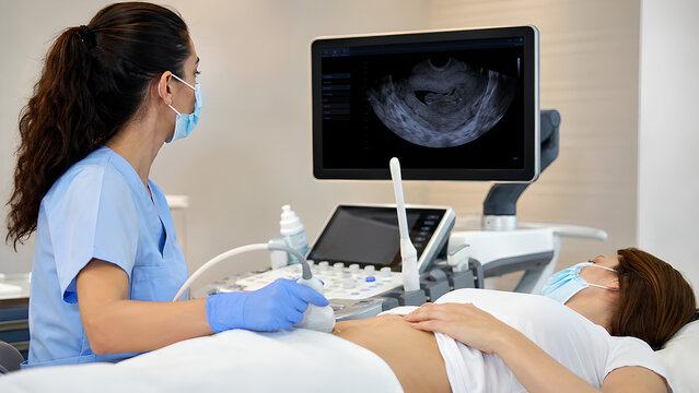 Endometrial Hyperplasia Clinical Procedure and Uterus Screening Concept with Gynecologist, Ultrasound and Diagnostic Care for Medical Education, Radiology and Patient Healthcare Communication