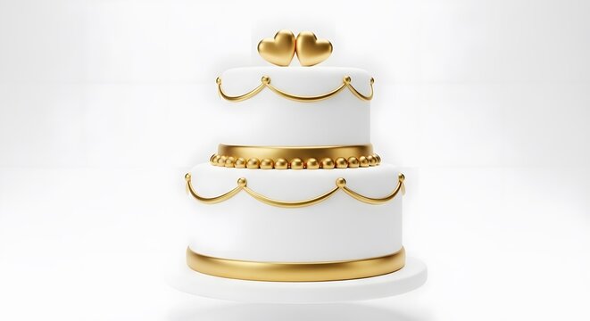 Sophisticated white tiered cake featuring golden heart toppers and decorative trim on a clean white background.