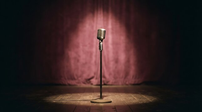 A vintage microphone stands alone on a dark stage, illuminated by a single spotlight against a red velvet curtain, evoking a sense of anticipation for a performance.
