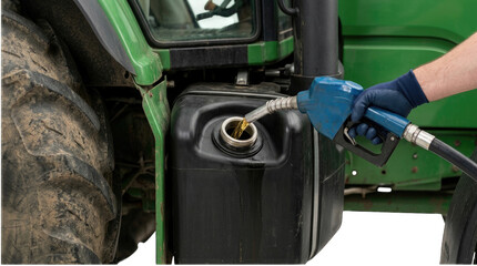 Blue fuel nozzle in a gloved hand refueling a green tractor, illustrating agricultural machinery maintenance. © ROWSONARA