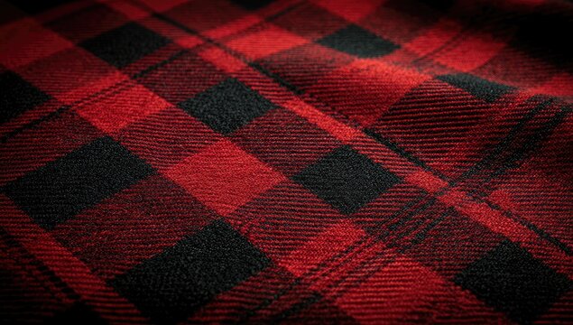 Red and black plaid fabric with a soft texture, close up