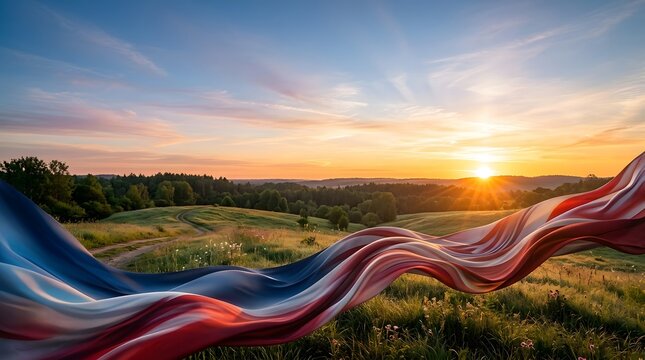 American flag waving gracefully over a beautiful scenic landscape during a vibrant golden hour sunset