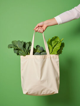Hand holding an eco-friendly cotton tote bag filled with fresh green vegetables on a green background