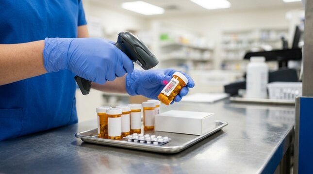 Pharmacy technician placing a returned automated dispensing cabinet medication into a restocking bin