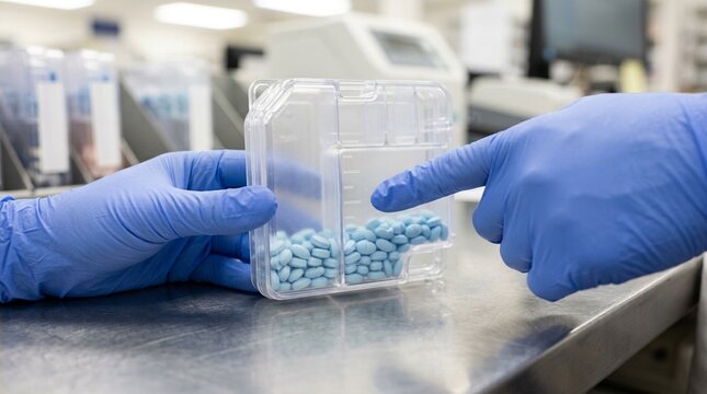 Pharmacy technician verifying a robotic dispensing system shut down properly at the end of the day