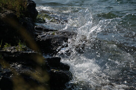 Waves Splashing Against Rocky Shore of Lake Sevan, Armenia