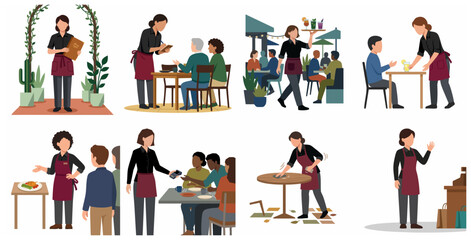 Fototapeta premium Set of Restaurant Staff and Waitress Service Flat Vector Illustrations Featuring Waitresses Serving Customers, Taking Orders, Cleaning Tables, and Processing Payments in a Cafe