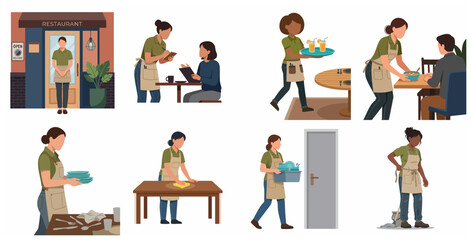 Fototapeta premium Collection of professional restaurant staff and waitresses performing various service, cleaning, and customer service tasks in a flat vector illustration style.