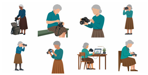 Fototapeta premium Senior woman photographer character set practicing photography hobby and photo editing