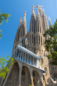 Passion Facade Towers of Sagrada Familia Cathedral in Barcelona, Spain