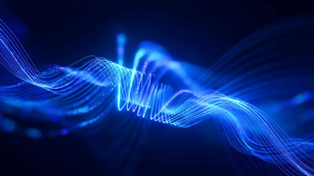 Glowing blue light wave lines flowing in rhythmic curves across a dark abstract background