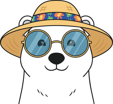 Friendly polar bear wearing stylish summer sunglasses and a sun hat for vacation and climate contrast vector concept