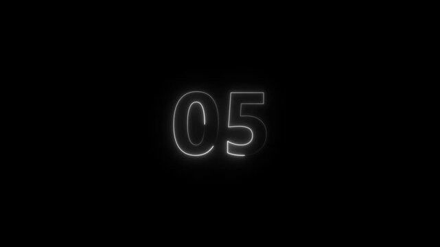 Glowing White Neon Number 05 Isolated on Black Background with Electric Light