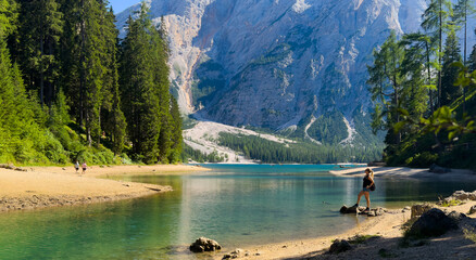 Fototapeta premium Mountain lake landscape scene, Lago di Braies, Dolomites Alps