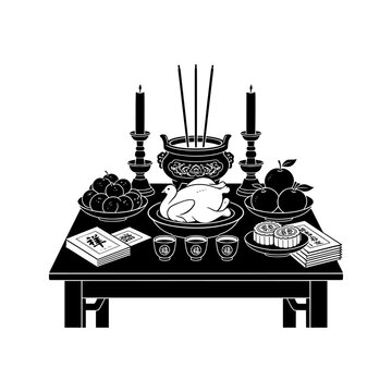 Chinese Hungry Ghost Festival vector illustration featuring a traditional ancestor worship table with incense, candles, food, fruit, tea and symbolic paper offerings. Perfect for Chinese culture, ance