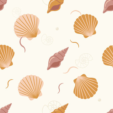 Seamless pattern with various colorful seashells and spiral mollusk shells on a light background