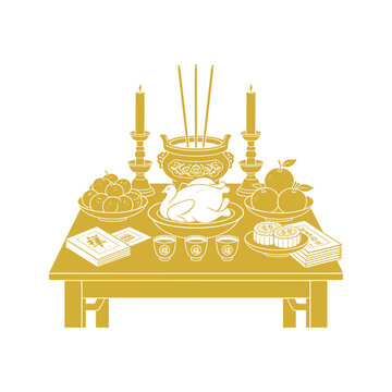 Chinese Hungry Ghost Festival vector illustration featuring a traditional ancestor worship table with incense, candles, food, fruit, tea and symbolic paper offerings. Perfect for Chinese culture, ance
