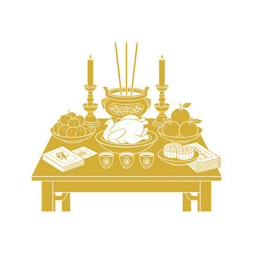 Chinese Hungry Ghost Festival vector illustration featuring a traditional ancestor worship table with incense, candles, food, fruit, tea and symbolic paper offerings. Perfect for Chinese culture, ance