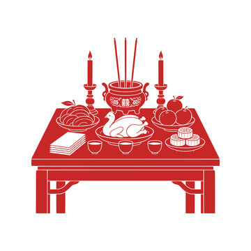 Chinese Hungry Ghost Festival vector illustration featuring a traditional ancestor worship table with incense, candles, food, fruit, tea and symbolic paper offerings. Perfect for Chinese culture, ance