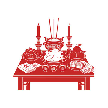 Chinese Hungry Ghost Festival vector illustration featuring a traditional ancestor worship table with incense, candles, food, fruit, tea and symbolic paper offerings. Perfect for Chinese culture, ance