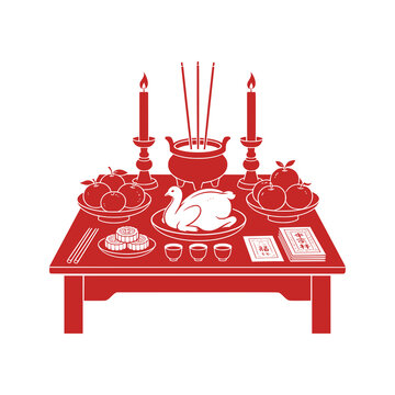 Chinese Hungry Ghost Festival vector illustration featuring a traditional ancestor worship table with incense, candles, food, fruit, tea and symbolic paper offerings. Perfect for Chinese culture, ance