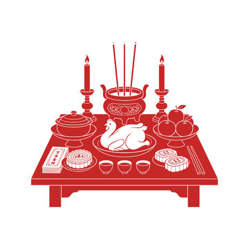 Chinese Hungry Ghost Festival vector illustration featuring a traditional ancestor worship table with incense, candles, food, fruit, tea and symbolic paper offerings. Perfect for Chinese culture, ance