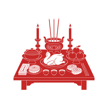 Chinese Hungry Ghost Festival vector illustration featuring a traditional ancestor worship table with incense, candles, food, fruit, tea and symbolic paper offerings. Perfect for Chinese culture, ance