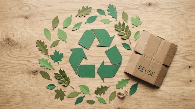 Recycle symbol with green leaves and cardboard reuse box