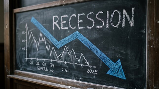 Recession graph with downward arrow on chalkboard