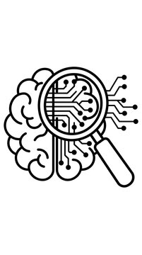 Human brain schematic symbol combined with electronic circuits inside magnifying glass lens isolated on plain white background representing artificial intelligence research and deep mental machine lea