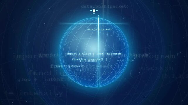 Abstract digital globe with flowing computer code and holographic data interface on dark blue background