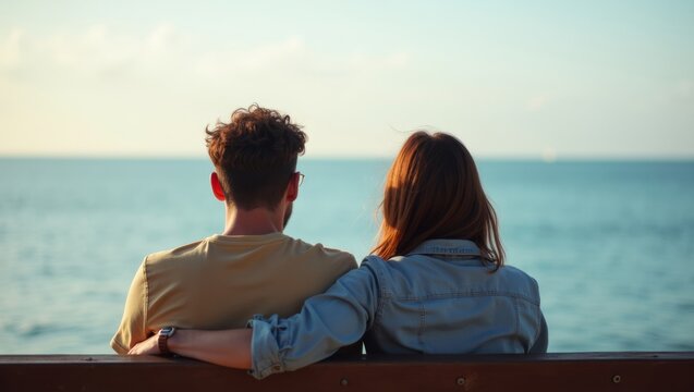 Close-up Of A Couple Sitting On A Bench Looking At The Sea Ca