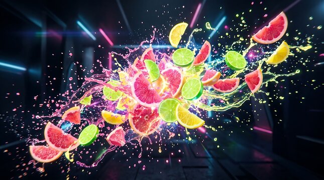 Colorful citrus fruits exploding with vibrant liquid splashes