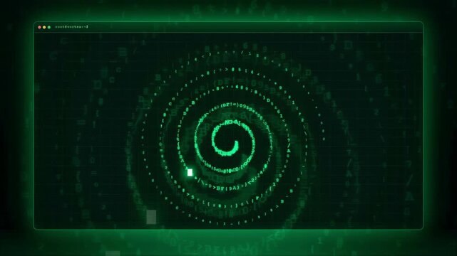 Abstract Green Digital Data Spiral Rotating on a Dark High Tech Computer Screen Background