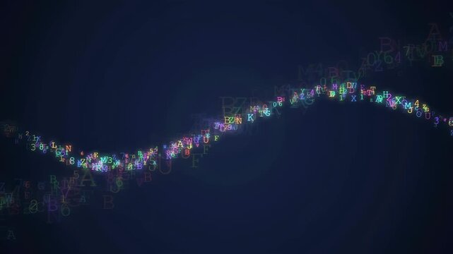 Abstract digital stream of colorful letters and numbers flowing in a wave on dark background